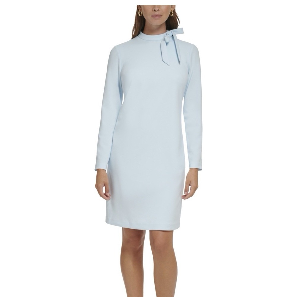 Calvin Klein Blue Bow Neck Long Sleeve‎ Stretch Crepe Sheath Dress Size 6